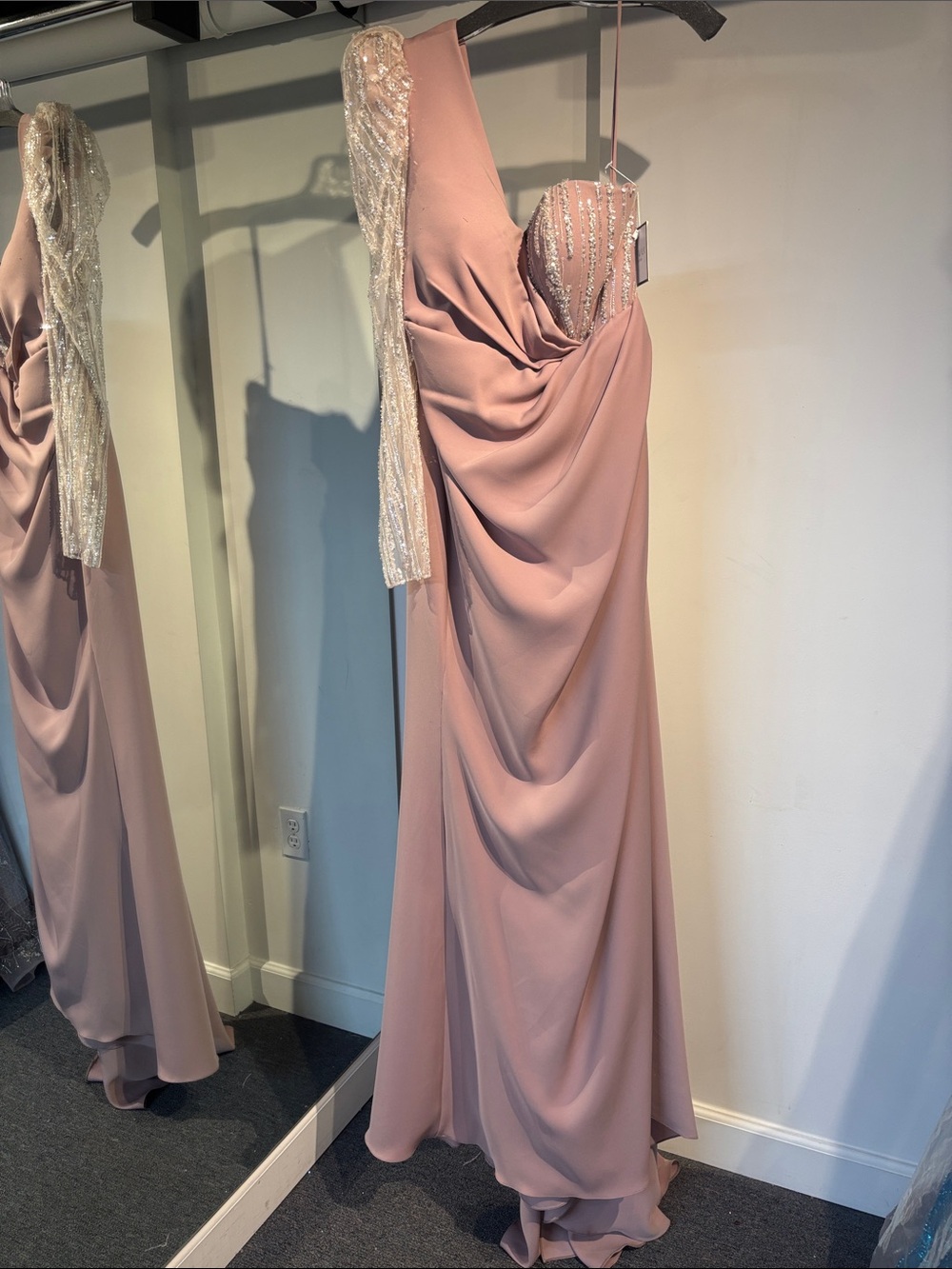 Catwalk Couture 2009 Pink One-Shoulder Evening Gown with Beaded Sleeve